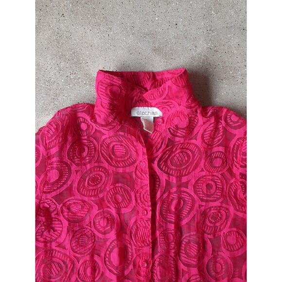 C.l.o.t.h.e.s. Blouse Red Size L Womens Long Sleeve Sheer Collared Burn Out - Picture 3 of 13